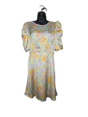 Vero Moda Saba Floral Satin Midi Dress M Pastel Puff Sleeve Open Back Cutout